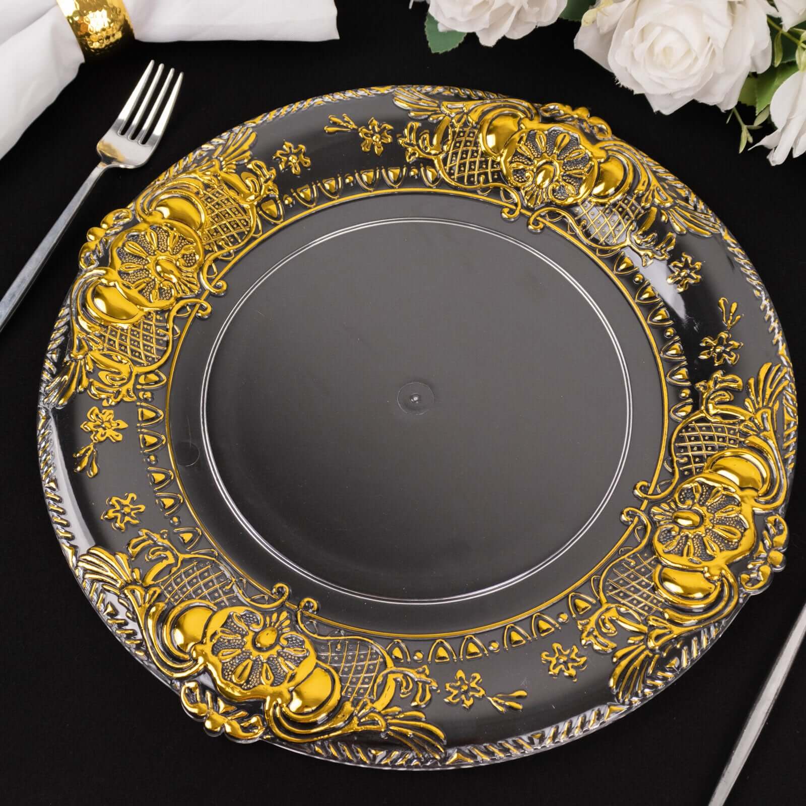 6-Pack Plastic Charger Plates 13" Round Clear with Gold Florentine Embossed Rim - Exquisite Dinner Serving Plates - Image 4