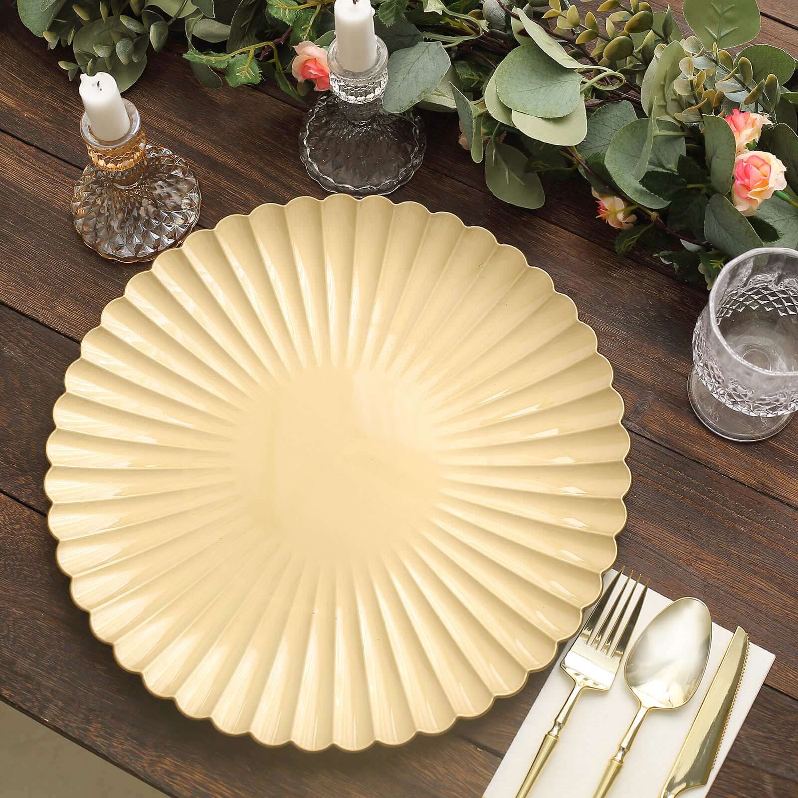 6-Pack Plastic Charger Plates 13" Round Gold with Scalloped Shell Pattern - Coastal Inspired Disposable Charger Tableware - Image 5