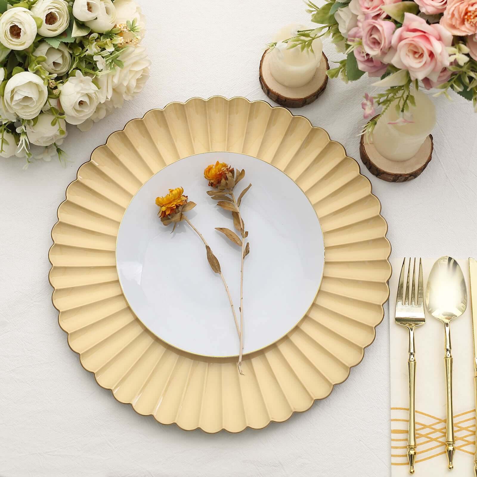 6-Pack Plastic Charger Plates 13" Round Gold with Scalloped Shell Pattern - Coastal Inspired Disposable Charger Tableware - Image 4