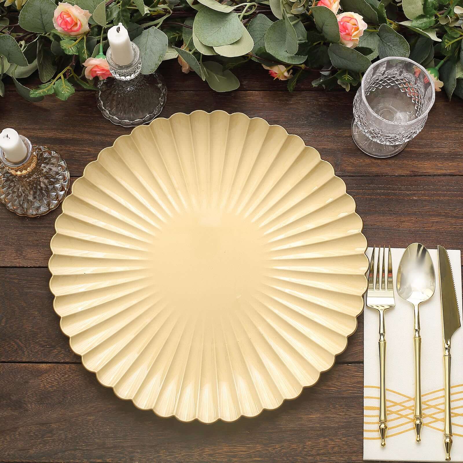 6-Pack Plastic Charger Plates 13" Round Gold with Scalloped Shell Pattern - Coastal Inspired Disposable Charger Tableware - Image 6