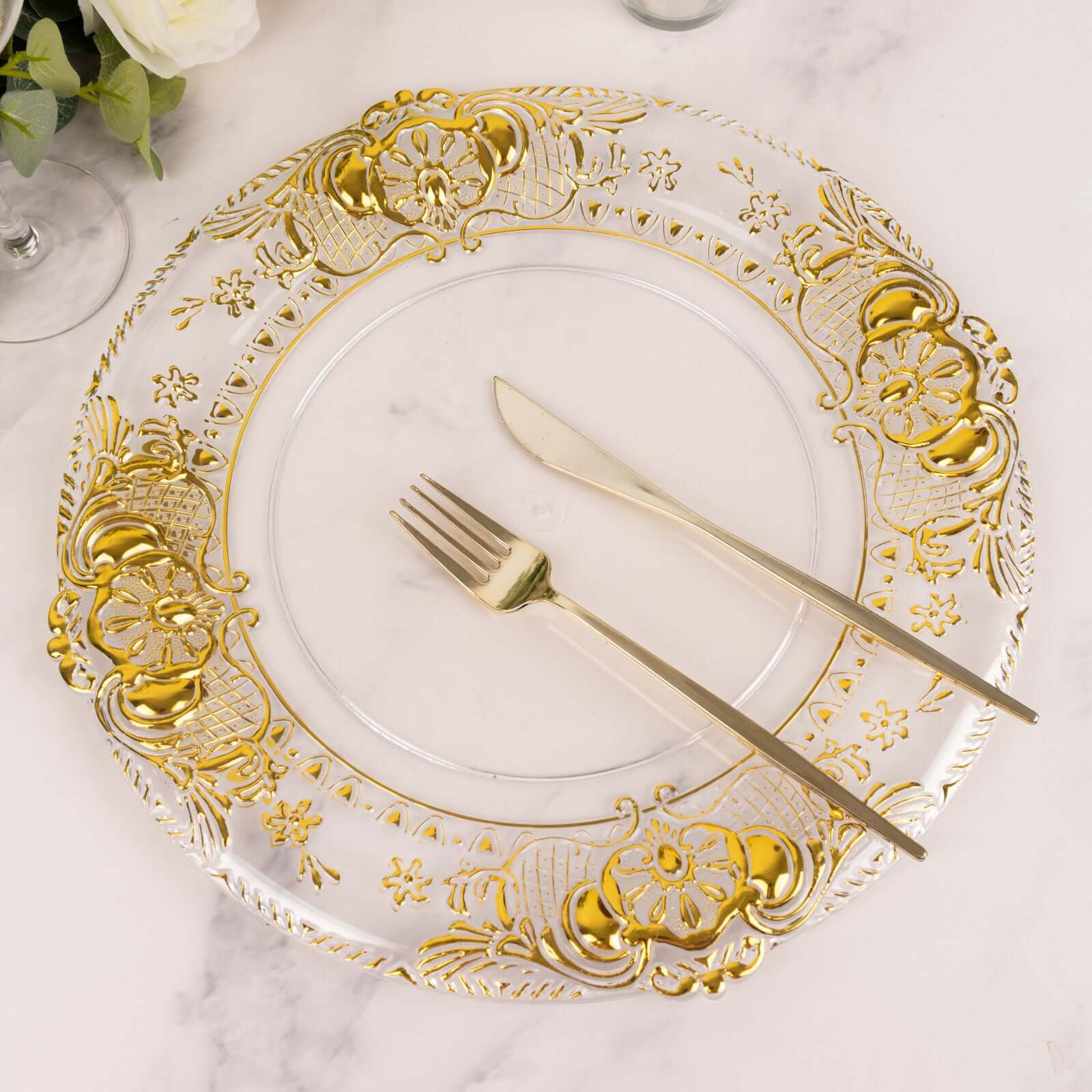 6-Pack Plastic Charger Plates 13" Round Clear with Gold Florentine Embossed Rim - Exquisite Dinner Serving Plates - Image 8