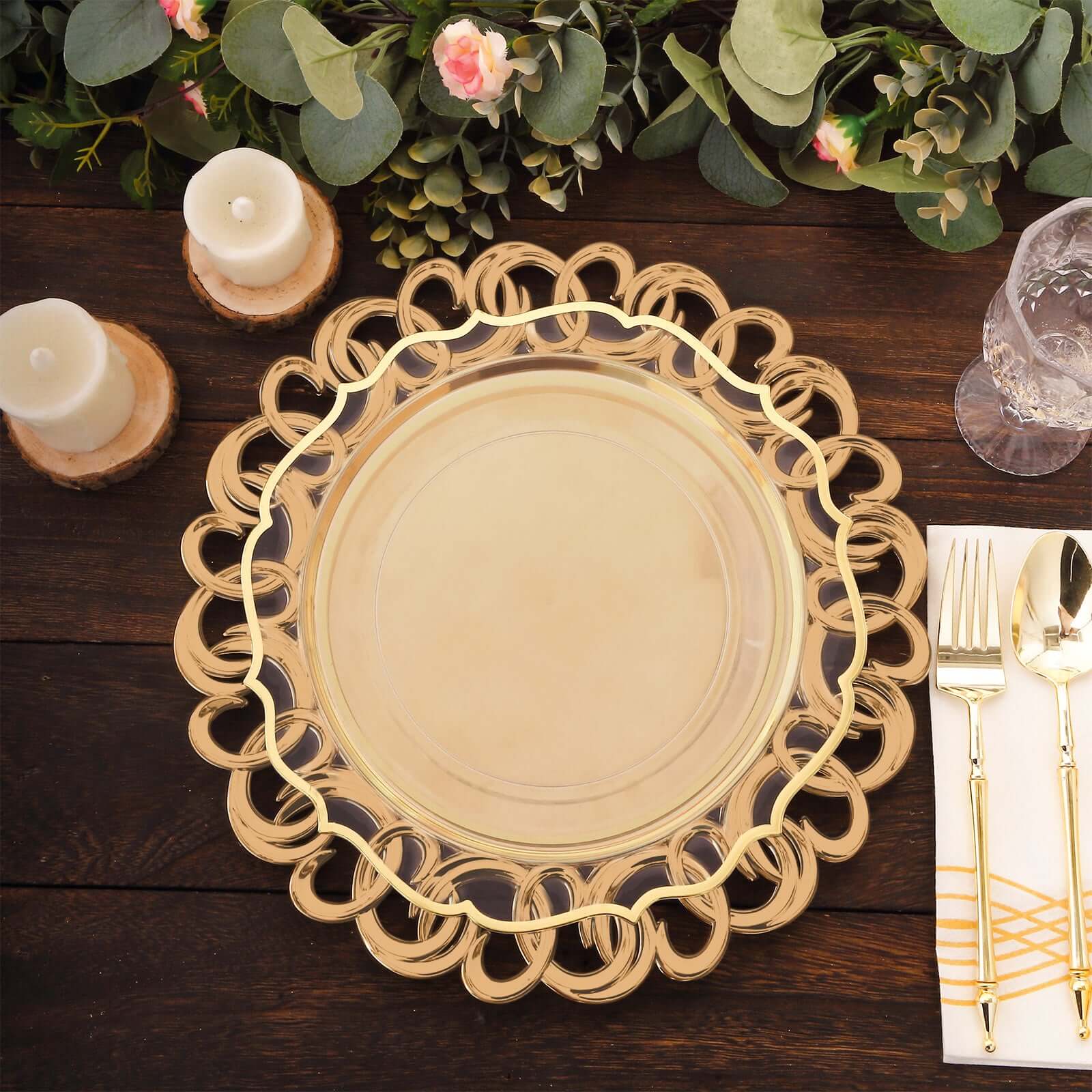 6-Pack Plastic Charger Plates 13" Round Gold with Entwined Swirl Rim - Plastic Disposable Decorative Chargers - Image 5