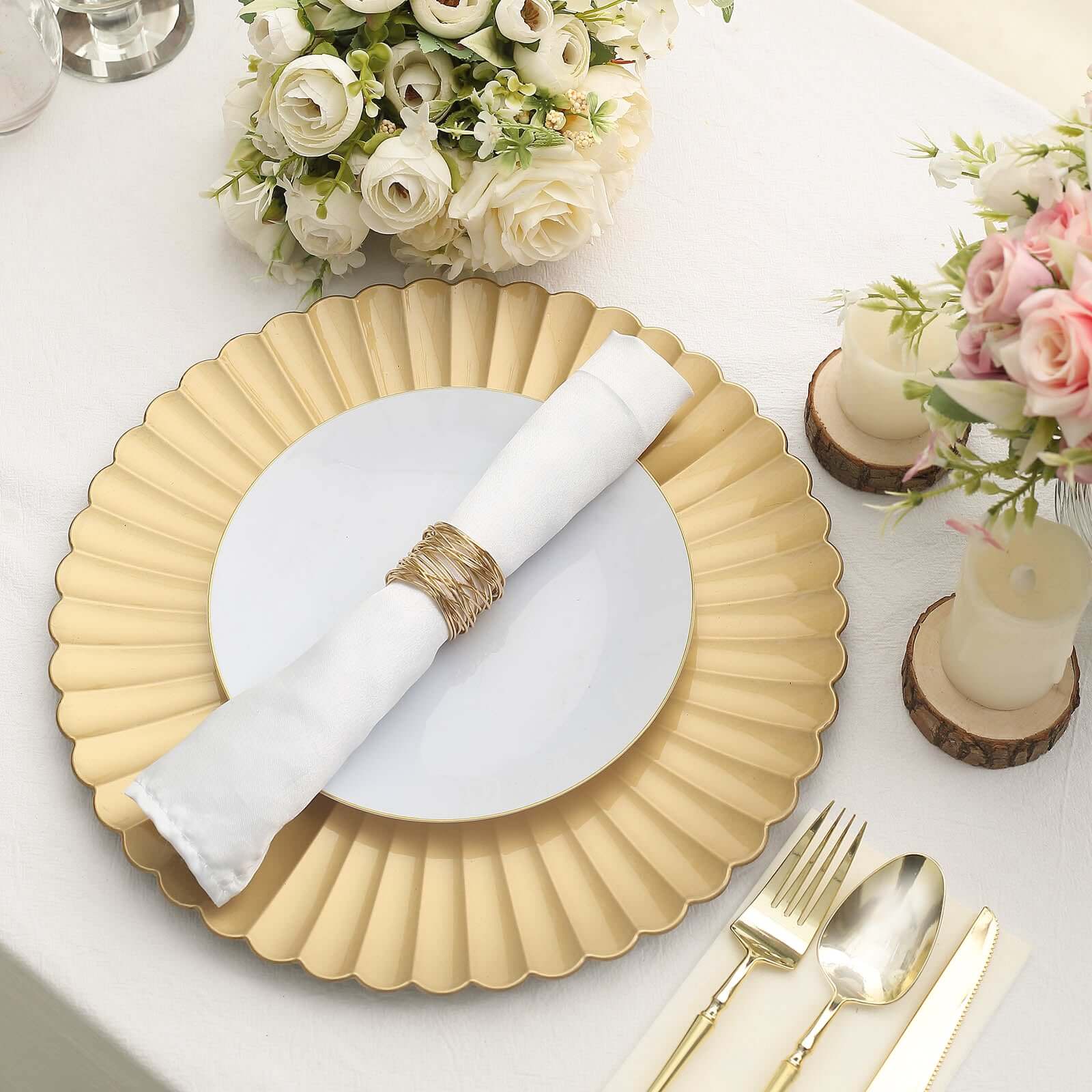 6-Pack Plastic Charger Plates 13" Round Gold with Scalloped Shell Pattern - Coastal Inspired Disposable Charger Tableware - Image 8