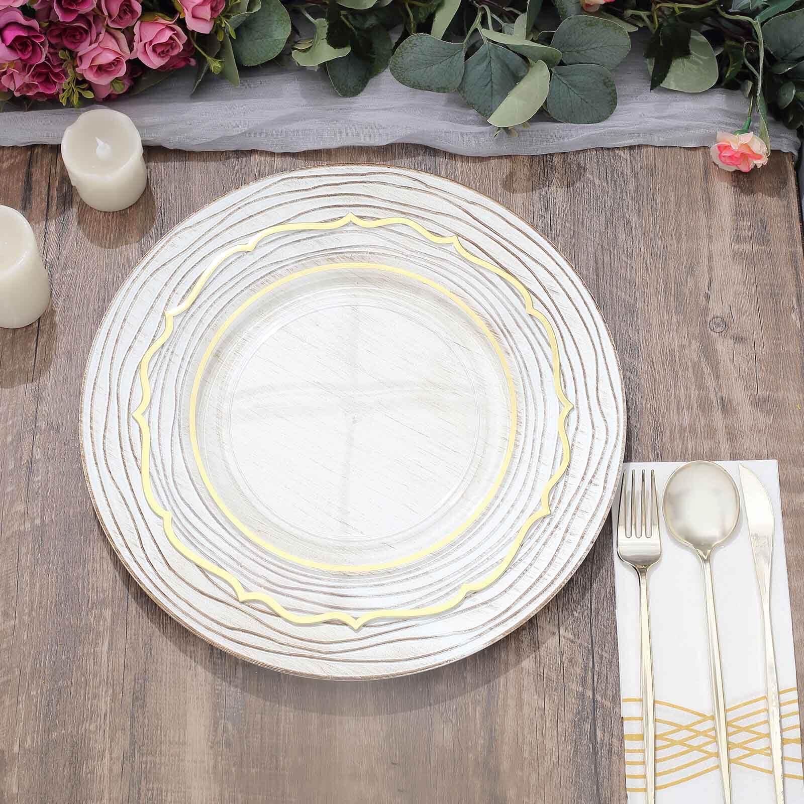 6-Pack Faux Wood Charger Plates 13" Round White Washed Rose Embossed Rim - Disposable Plastic Charger Tableware - Image 6